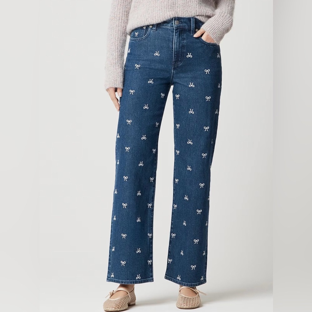 Jcrew Factory Bow-embroidered slim wide-leg jean in all-day stretch